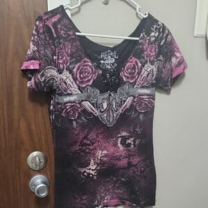 Rebel Rose Affliction Women's Short Sleeve Top - Pink and Black